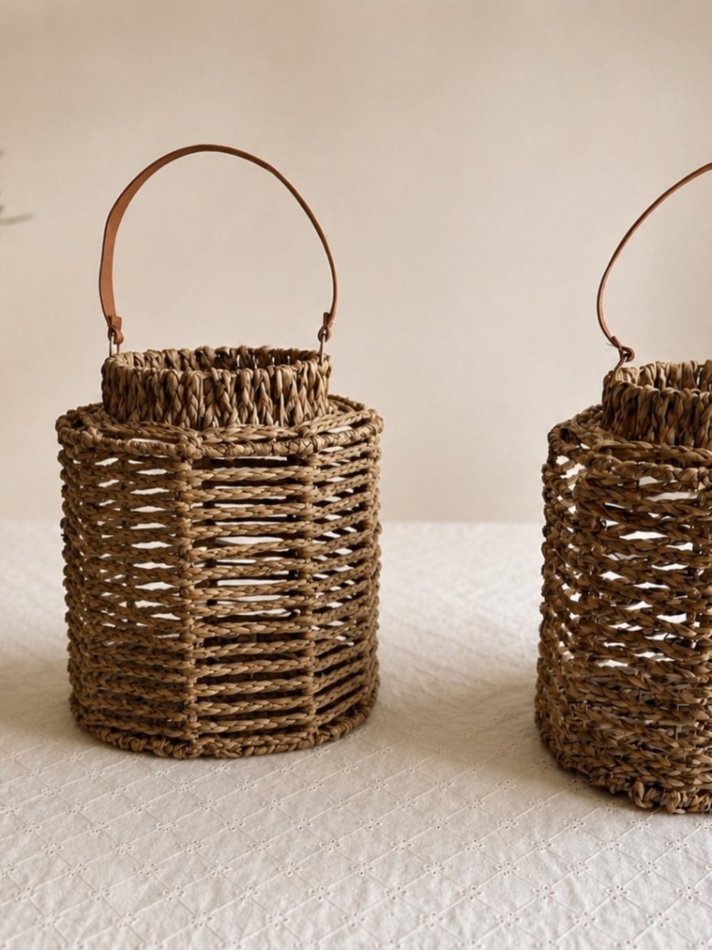 Set of 2 Woven Hanging Candle Lanterns with Leather Handles | Farmhouse & Coasta